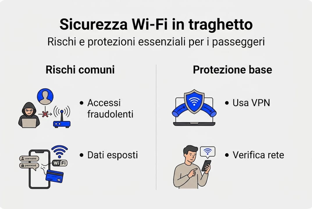 Infografica: come navigare in sicurezza sul Wi-Fi a bordo del traghetto — rischi e consigli utili