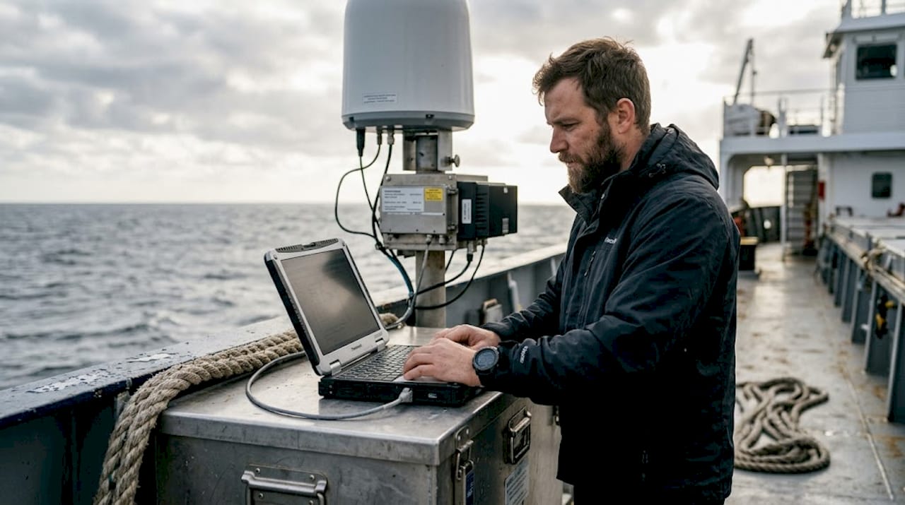 Ein Techniker überprüft die Satellitenverbindung an Bord des Schiffs.