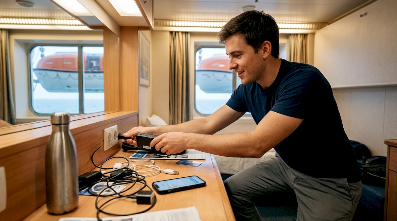Man setting up travel router in cruise cabin