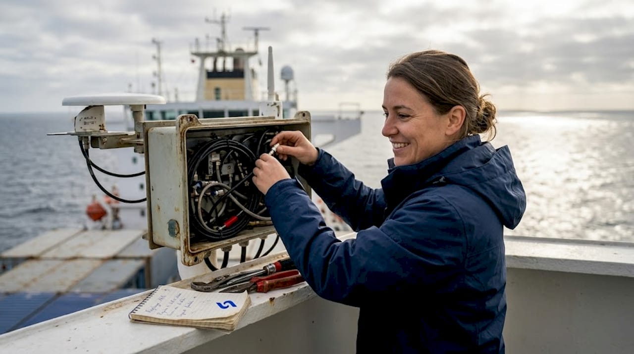Un technicien procède au réglage d’une antenne satellite à bord d’un navire.