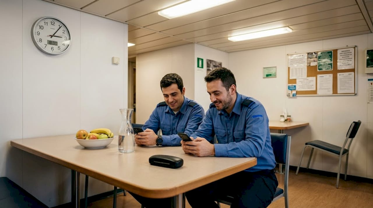I membri dell’equipaggio spesso trascorrono le pause in mensa controllando il cellulare.