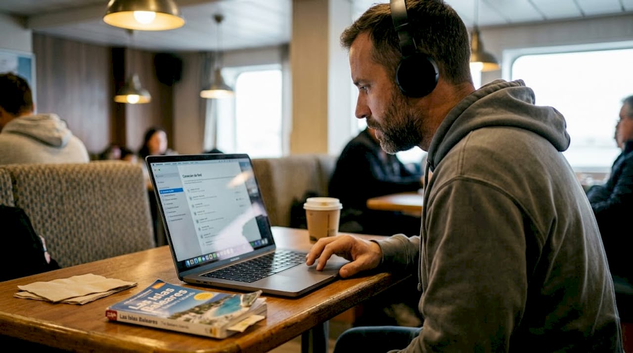 Hombre conectando su portátil a la red Wi-Fi mientras viaja en ferry