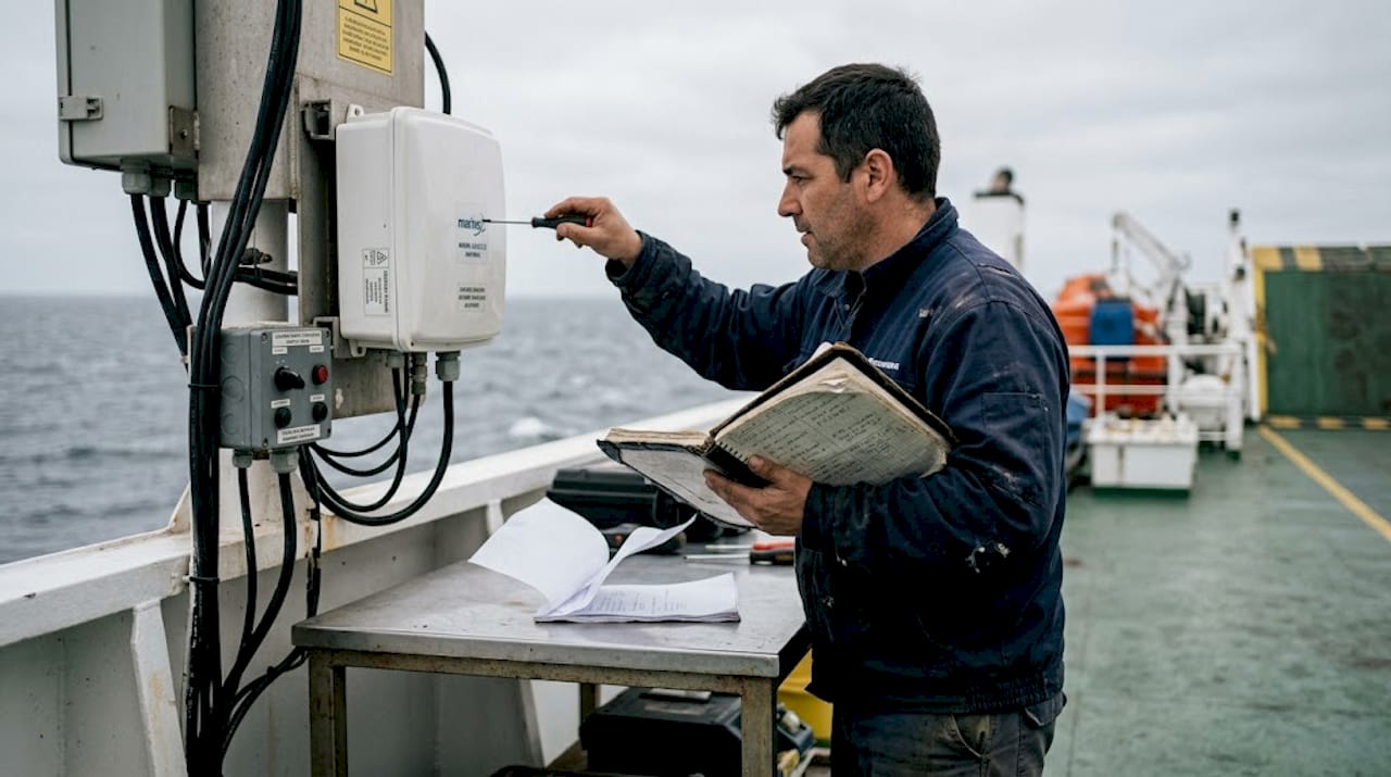 Un especialista realiza mantenimiento a la antena satelital de wifi a bordo del ferry.