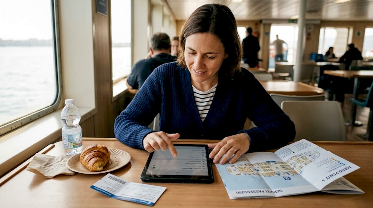 Una donna si collega al Wi-Fi del traghetto utilizzando il suo tablet.