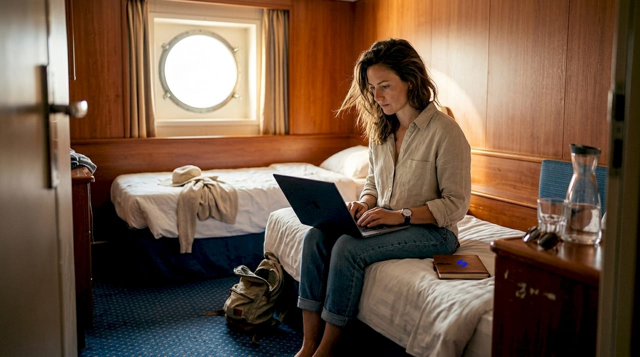 Une femme consulte les différentes formules de connexion Wi-Fi disponibles dans sa cabine lors d'une croisière.