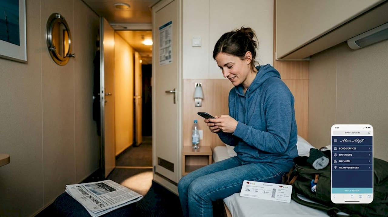 Eine Frau bedient die Bordportal-App in ihrer Schiffskabine.