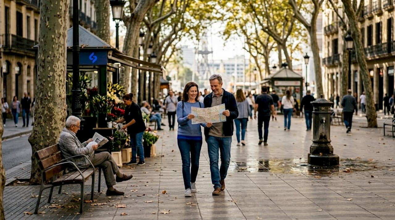 Des touristes flânent sur la Rambla, tout près du port de Barcelone.