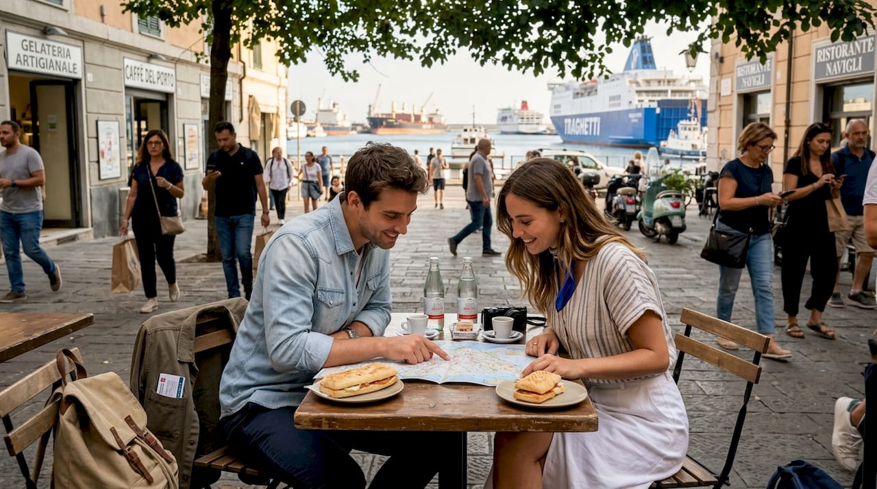 Una coppia seduta al tavolino di un bar programma le tappe del loro viaggio a Barcellona, sfogliando guide e sorseggiando un caffè.