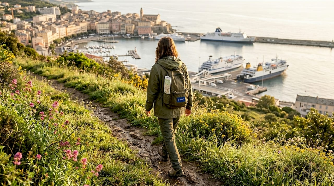 Hiker overlooking Bastia port in spring