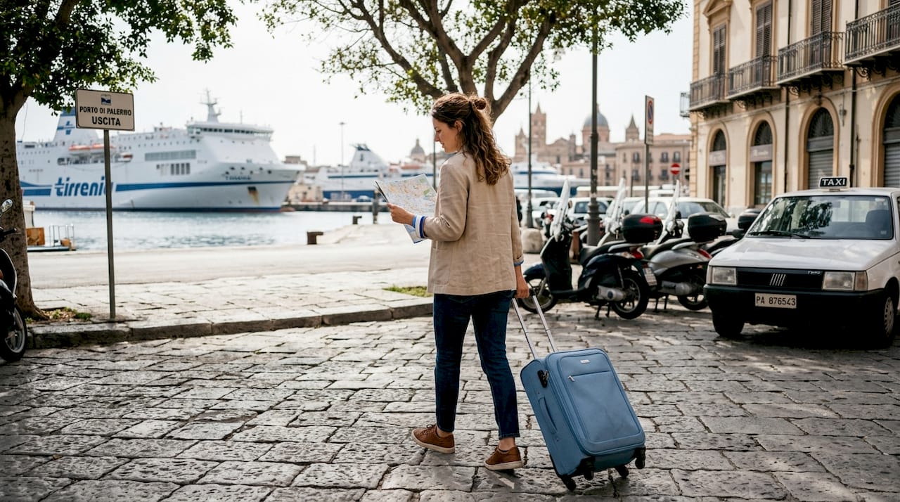 Un viaggiatore con la valigia si allontana dal porto di Palermo, pronto a partire verso nuove destinazioni.