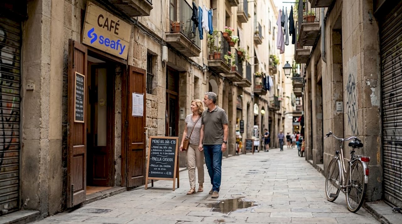 Couple walking in Barcelona’s Gothic Quarter street