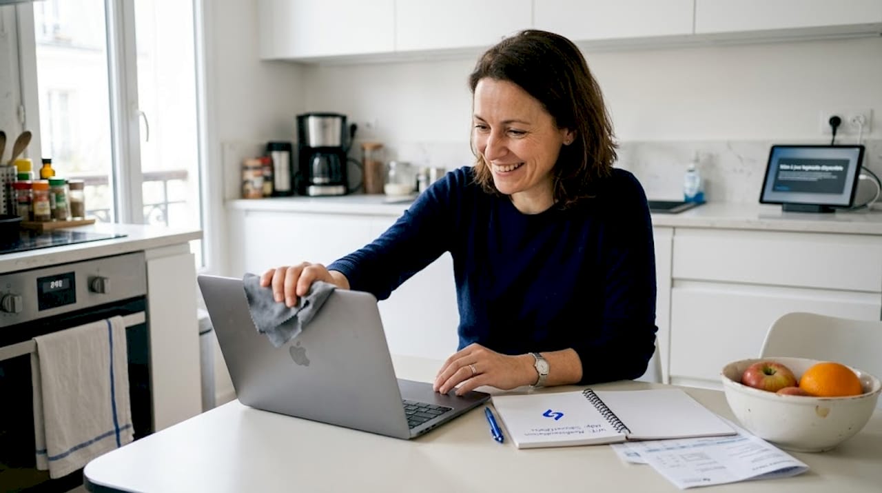 Une femme se prépare à connecter son ordinateur au Wi-Fi du ferry.