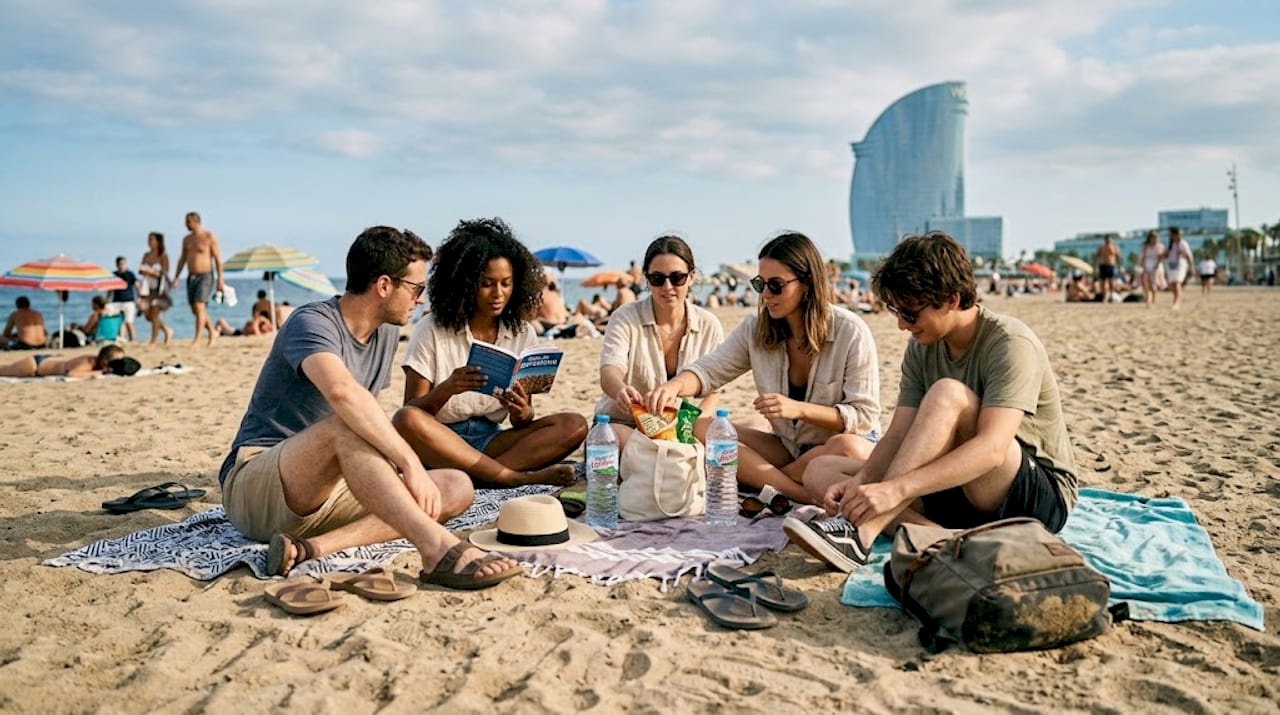 Vecinos disfrutando de una tarde tranquila en la playa de la Barceloneta.