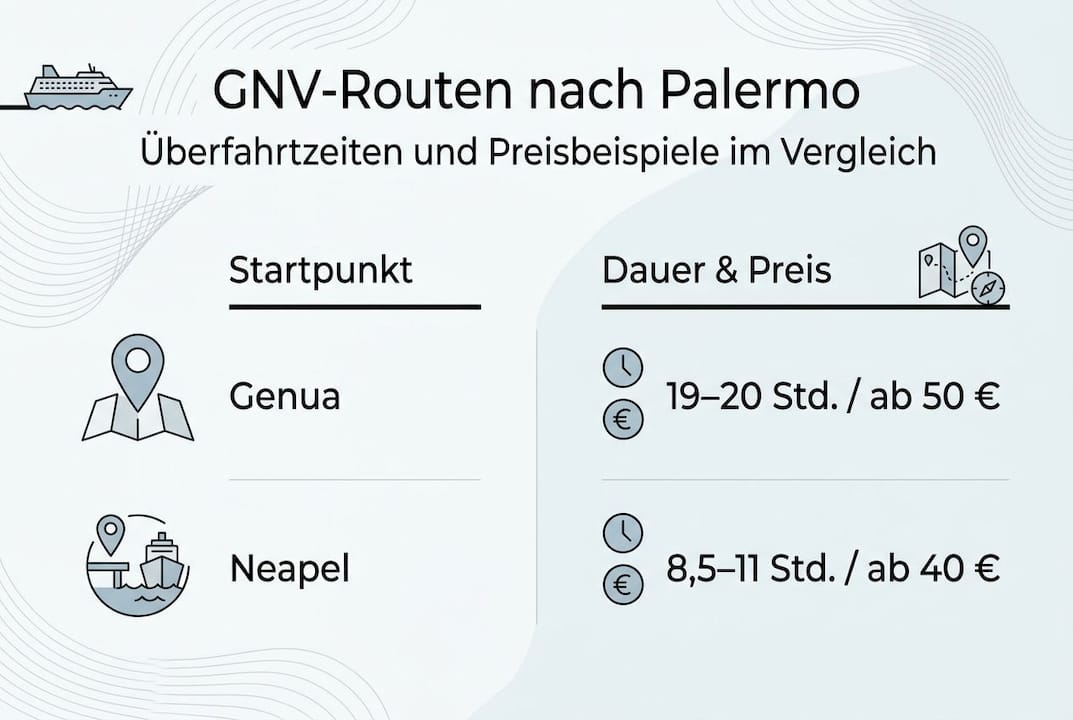 Übersichtsgrafik: GNV-Fährverbindungen, Reisedauer und Ticketpreise auf einen Blick