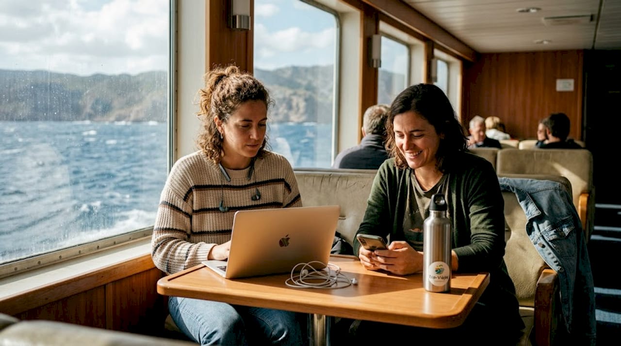 Mujeres navegando por internet con el wifi en la sala principal del ferry