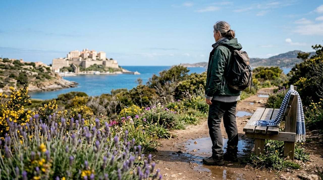 Ein Wanderer genießt den Ausblick auf die Küste von Calvi, die im Frühling in bunten Blumen erstrahlt.