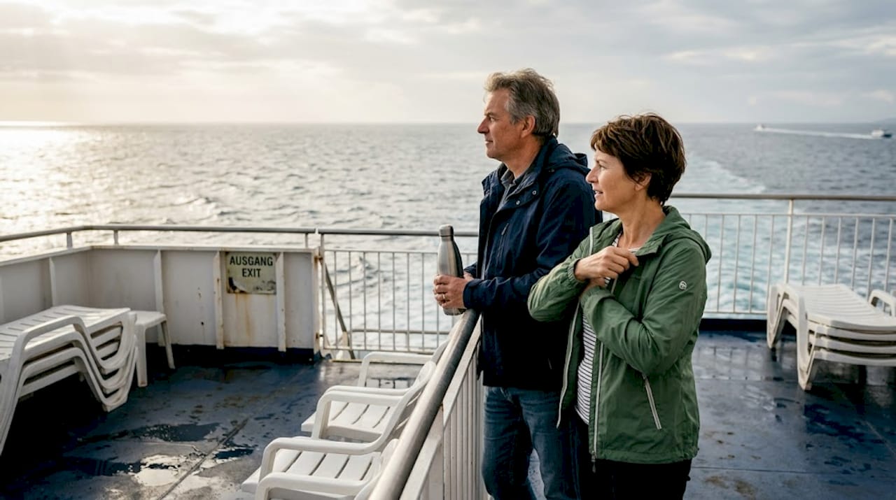 Ein Paar genießt gemeinsam die Aussicht an Deck der GNV-Fähre.