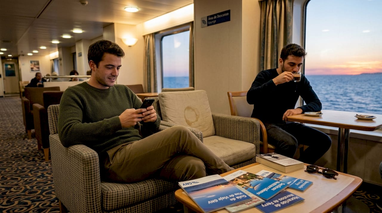 Viajeros descansando tranquilamente en la zona de descanso del ferry.