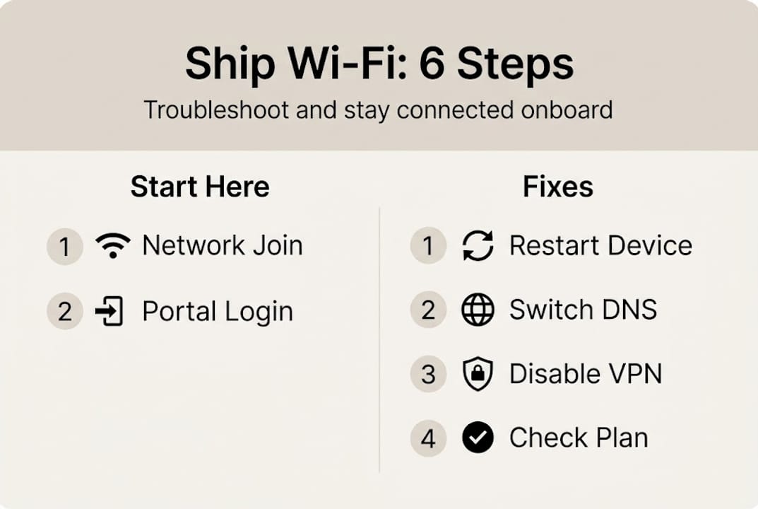 Infographic showing 6 steps to troubleshoot ship Wi-Fi