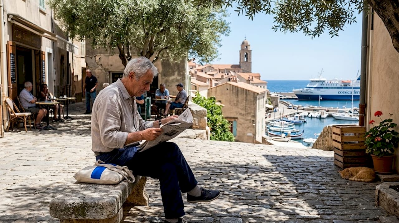 Un anziano seduto nella piazza di un piccolo paese in Corsica, immerso nella lettura.