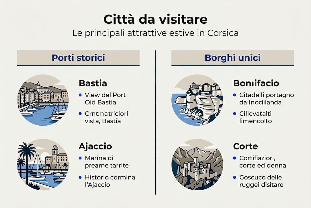 Panoramica illustrata delle città e dei borghi più belli della Corsica