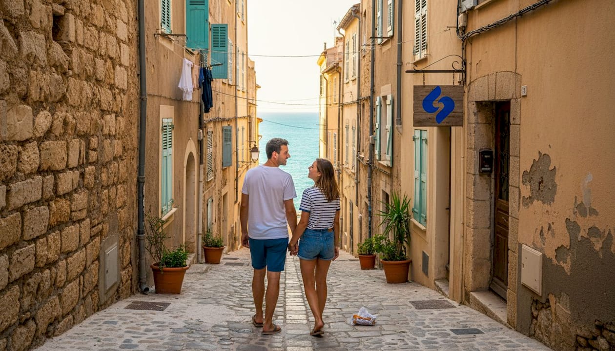 Sous le soleil estival, des marcheurs arpentent les petites rues pittoresques de Bonifacio, profitant de l’ambiance chaleureuse de la ville.