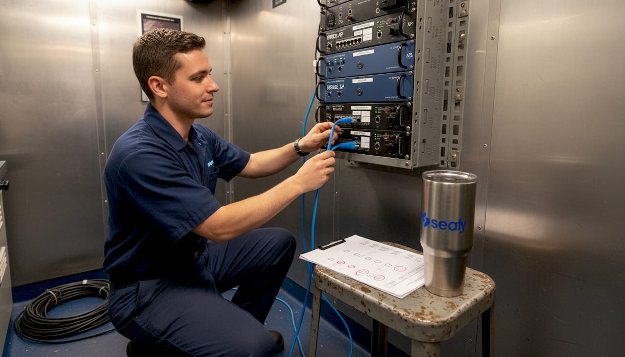 Crew member troubleshooting ship WiFi cables