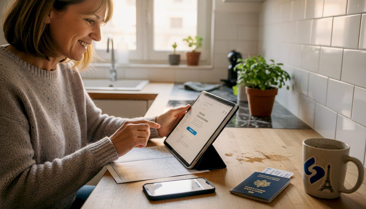 Une femme prépare son prochain voyage en comparant les différentes options de connexion Wi-Fi disponibles.