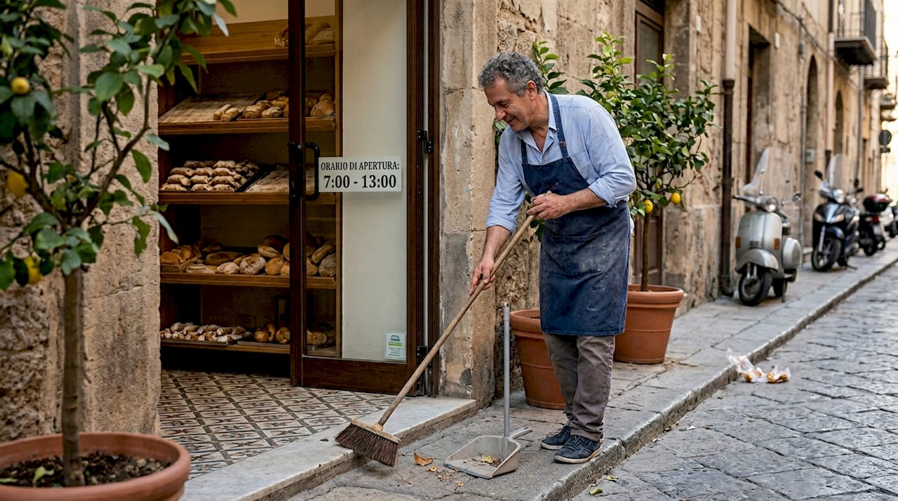 Vor seinem Laden fegt der Bäcker den Gehweg in Palermo sauber.