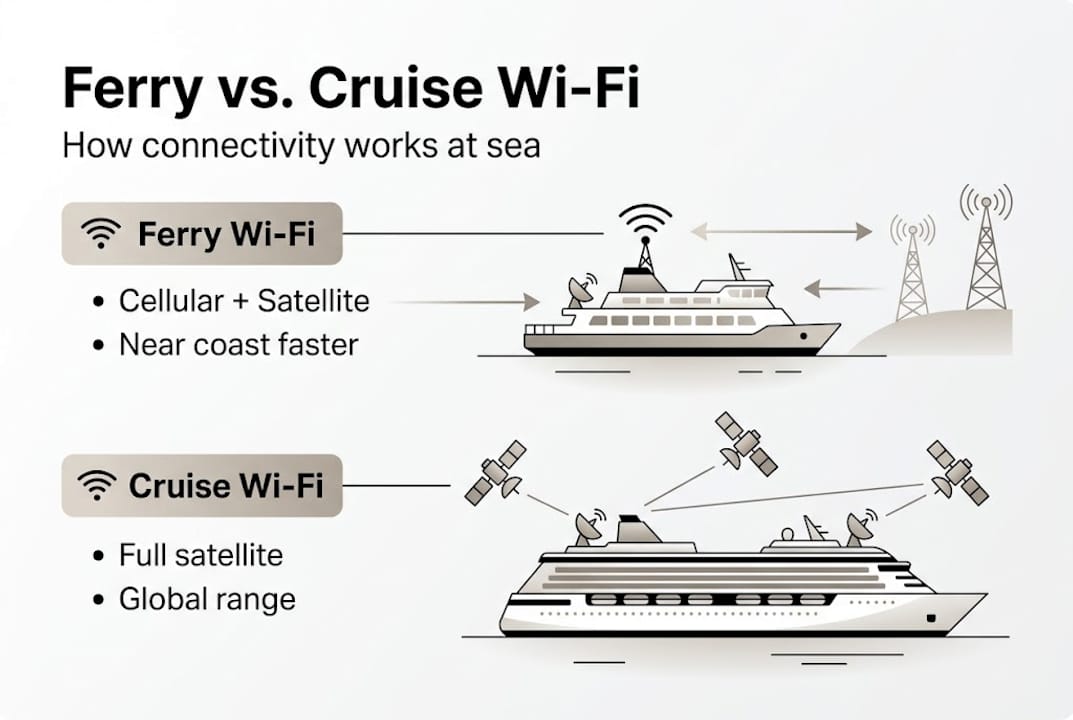 Infographic comparing ferry and cruise Wi-Fi networks