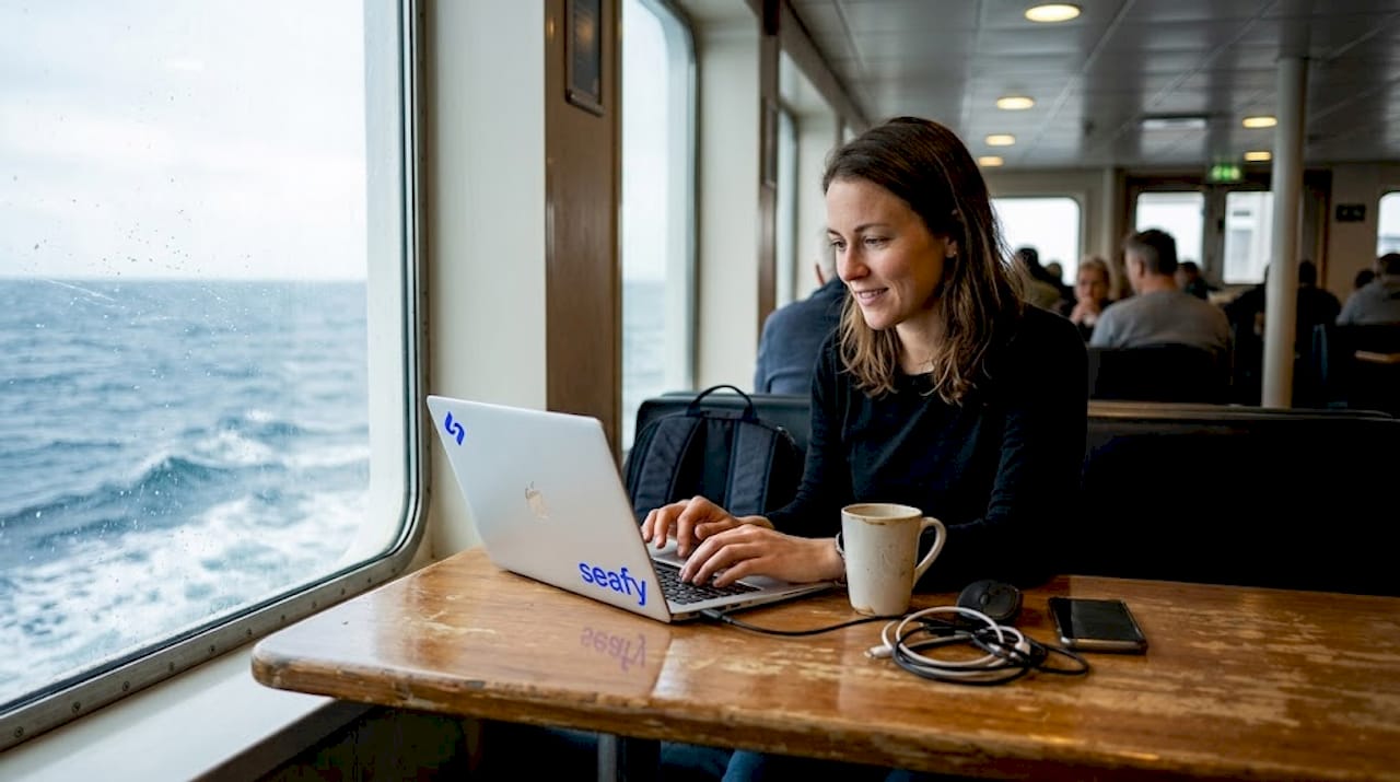Passenger working on laptop using ferry Wi-Fi in café