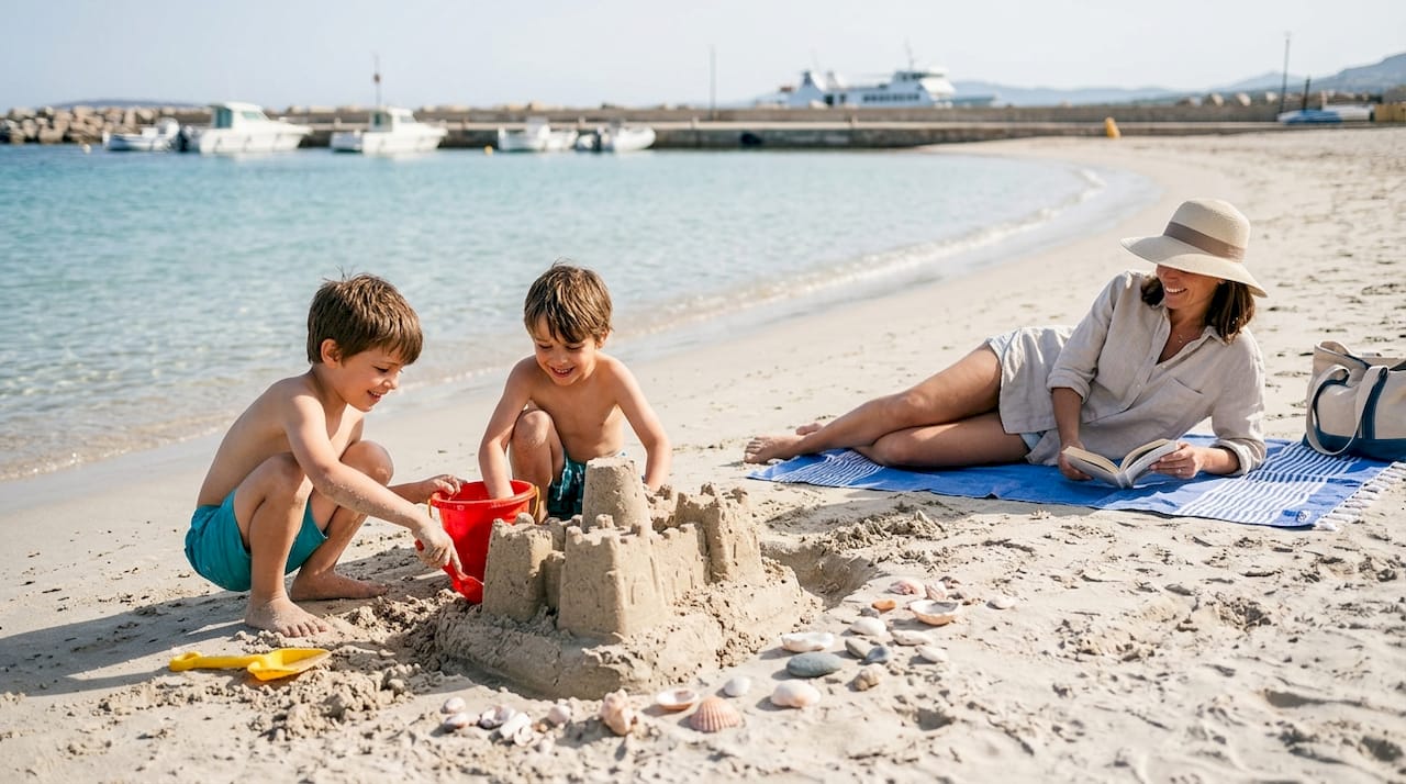 Una famiglia si diverte sulla spiaggia di Île-Rousse in una bella giornata di primavera.