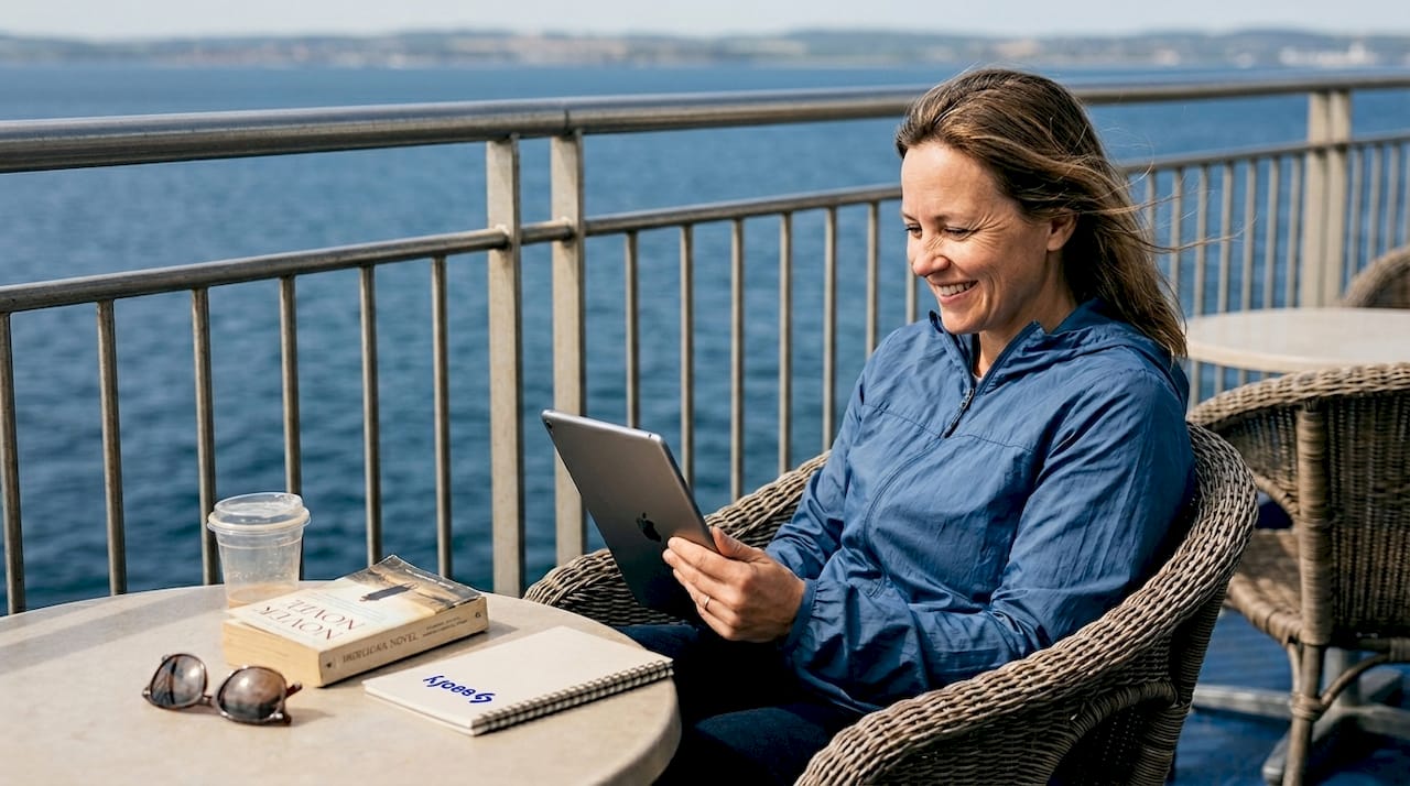Passenger video chatting on ship’s outside deck