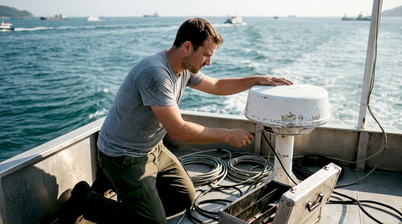 Un especialista se encarga de colocar una antena satelital a bordo de un ferry.