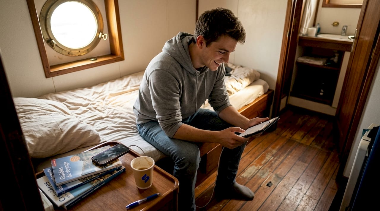 Un homme procède à la mise à jour des équipements électroniques dans la cabine du navire.
