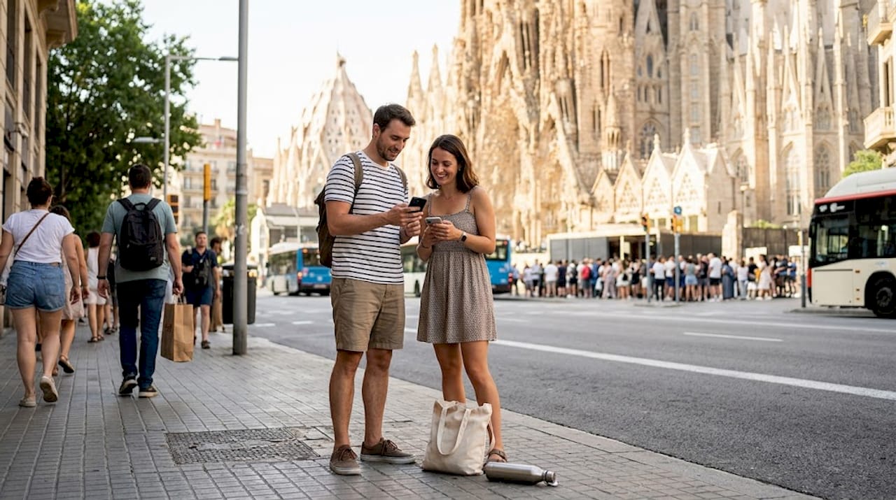 Vor der Sagrada Família informieren sich Touristen über Eintrittskarten.