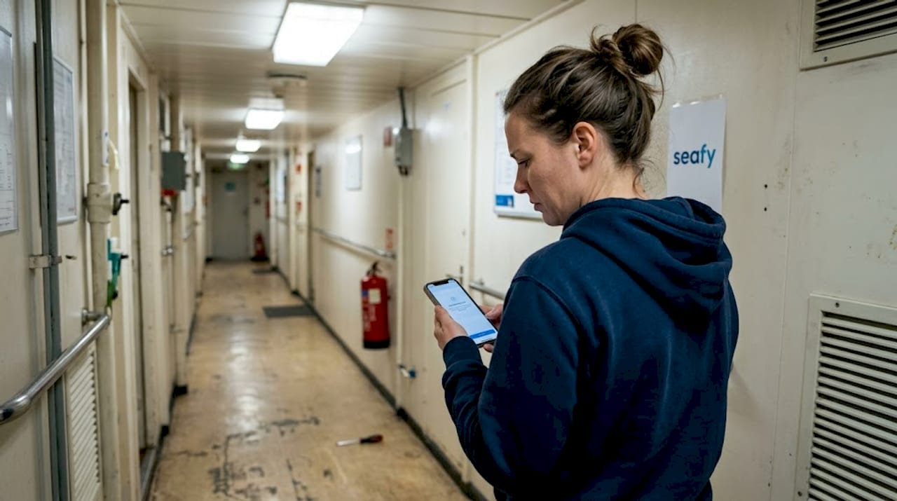 Crew member struggles with Wi-Fi in corridor