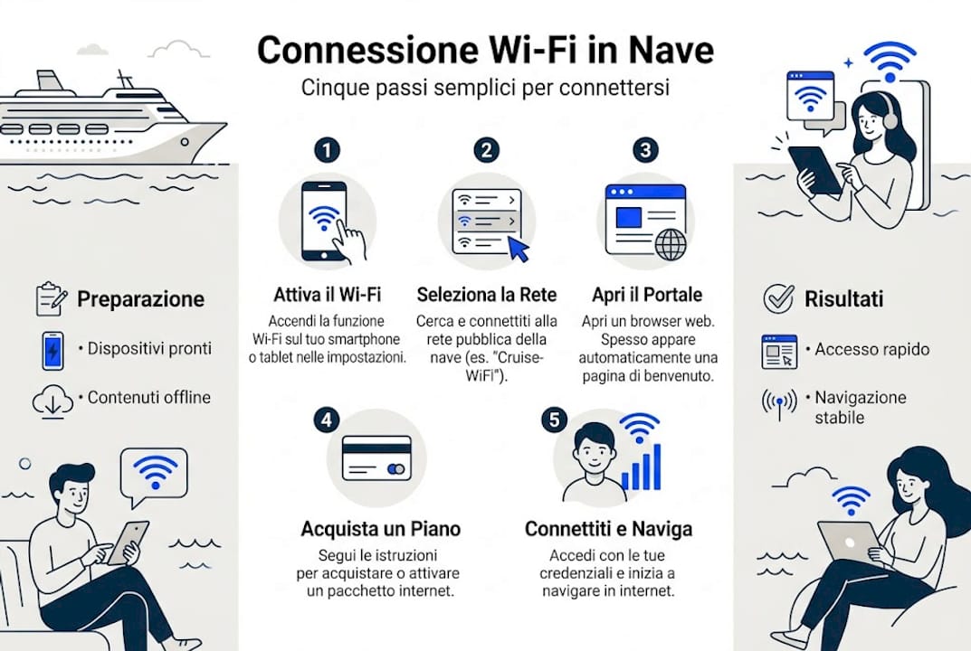 Scopri i cinque passaggi fondamentali per collegarti al Wi-Fi a bordo con la nostra infografica