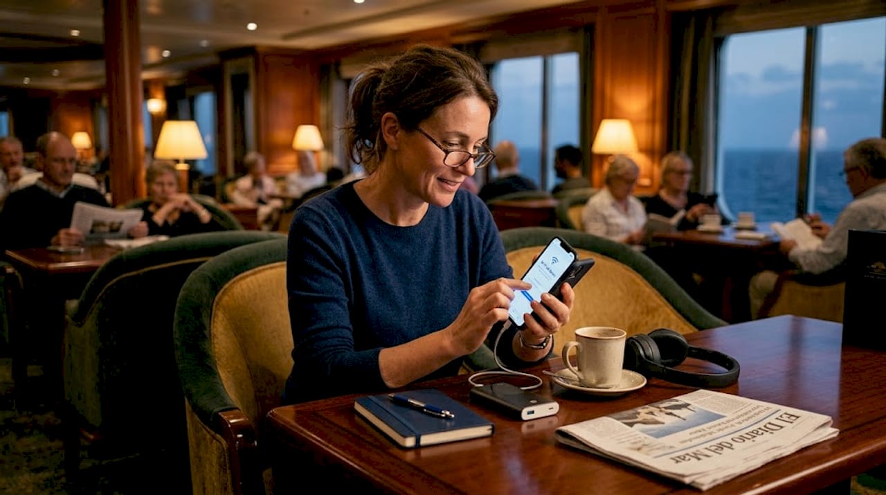 Mujer comprobando la seguridad de la red Wi-Fi a bordo de un crucero