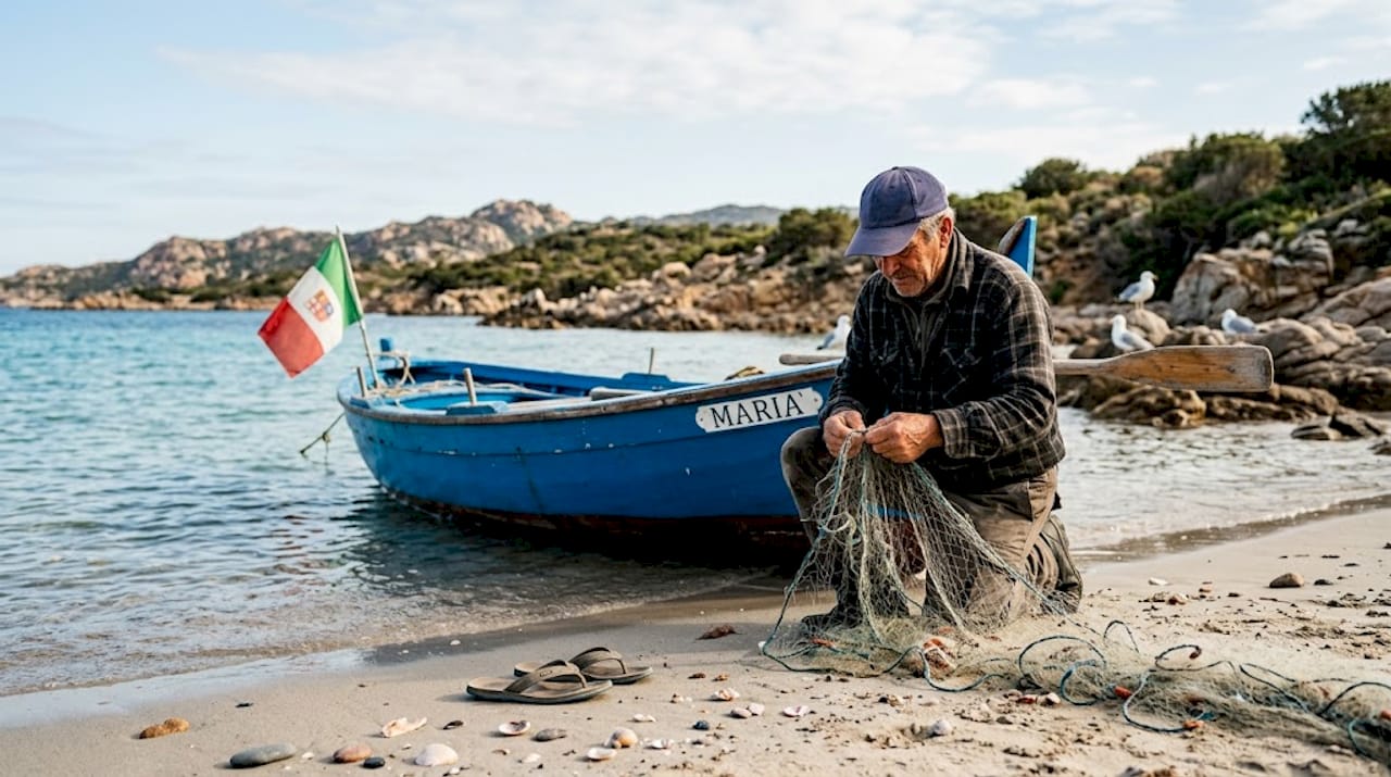 Ein Fischer geht frühmorgens seiner Arbeit am Strand von Sardinien nach.