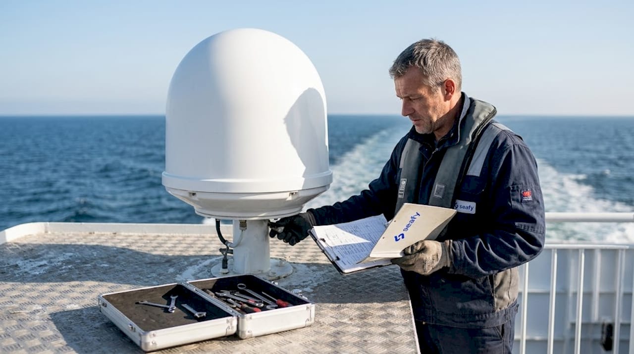 Ship crew inspecting satellite Wi-Fi equipment