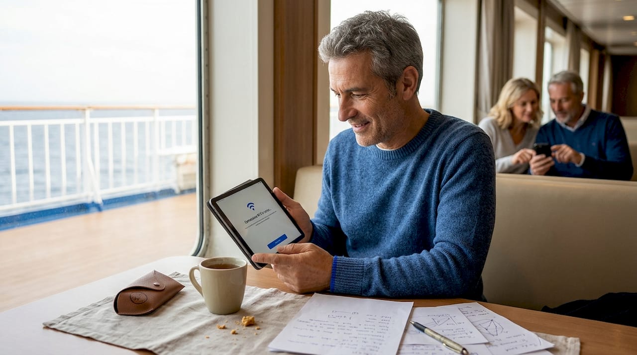 Un passeggero si connette al Wi-Fi del traghetto usando il suo tablet