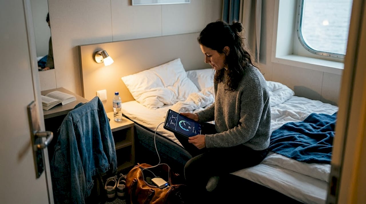 Persona disfrutando de Wi-Fi de alta velocidad en una cabina de ferry