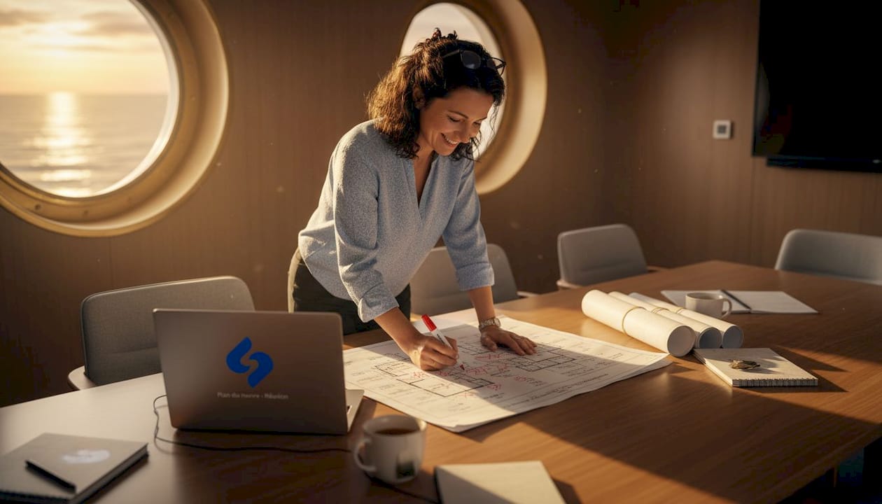 Une femme élabore le plan d’installation du Wi-Fi à bord d’un navire.