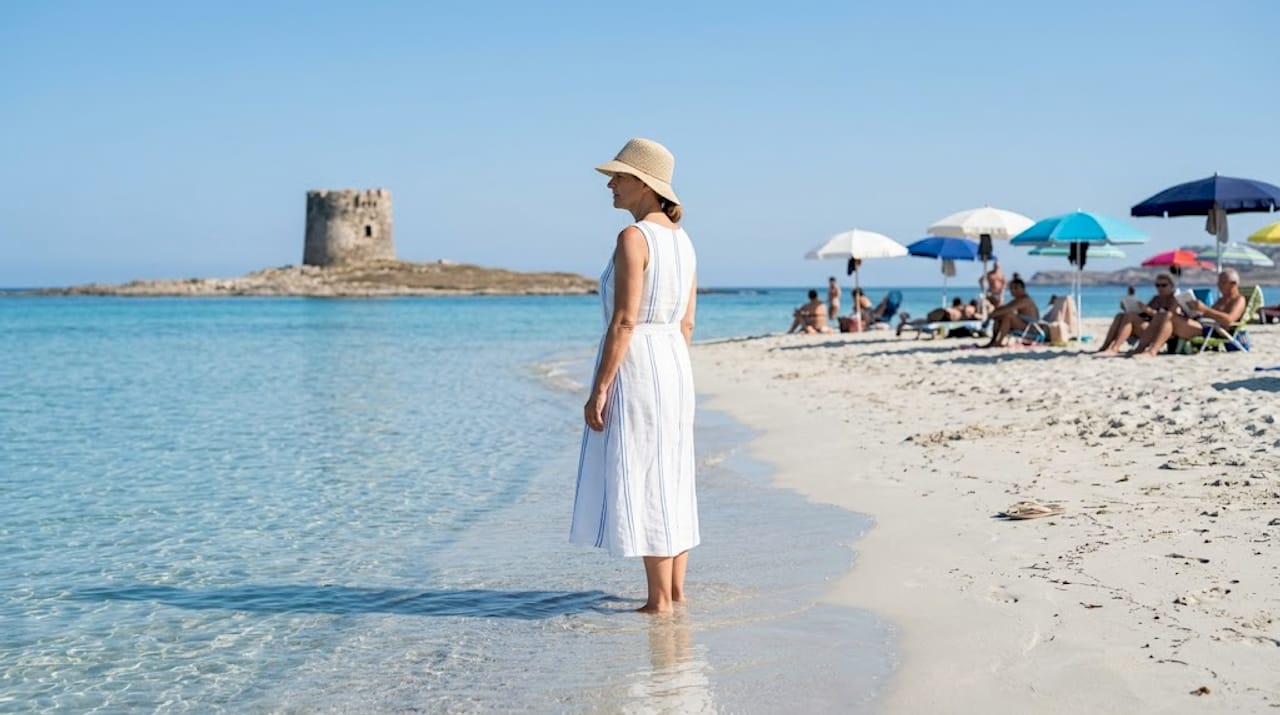 Eine Frau genießt das kristallklare Wasser am Strand von La Pelosa.