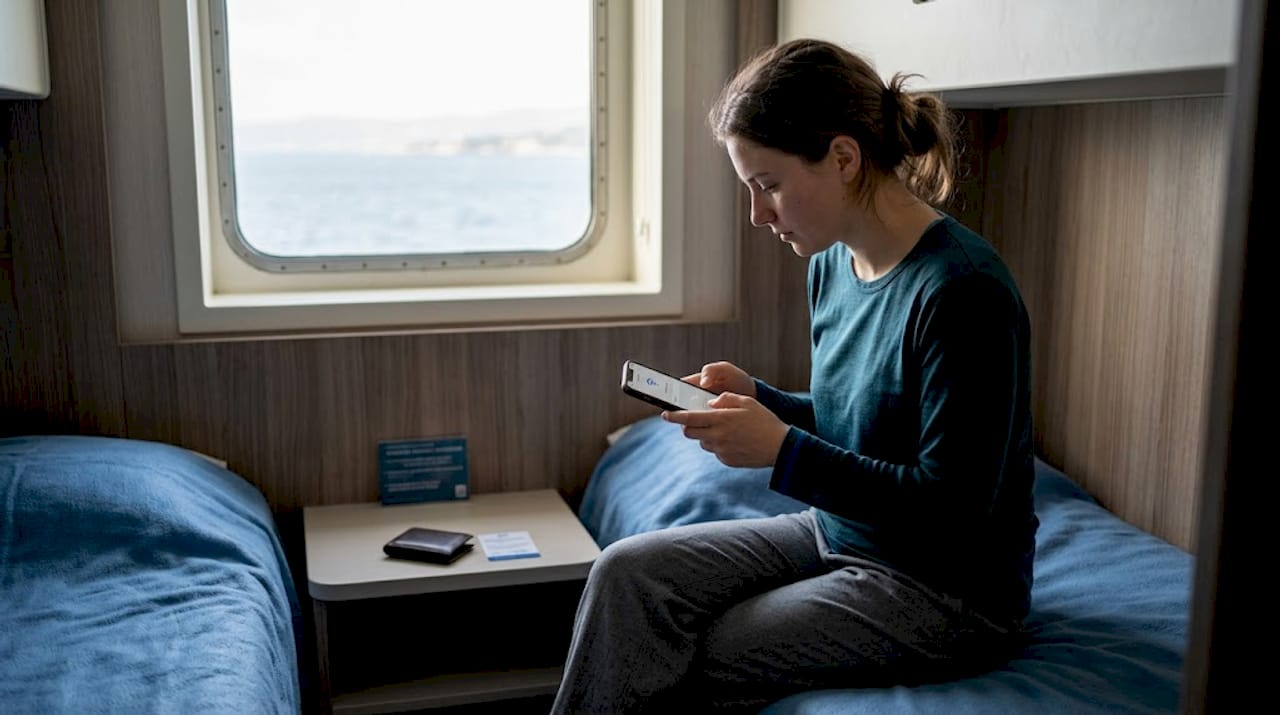Una donna imposta la connessione Wi-Fi nella sua cabina sul traghetto.