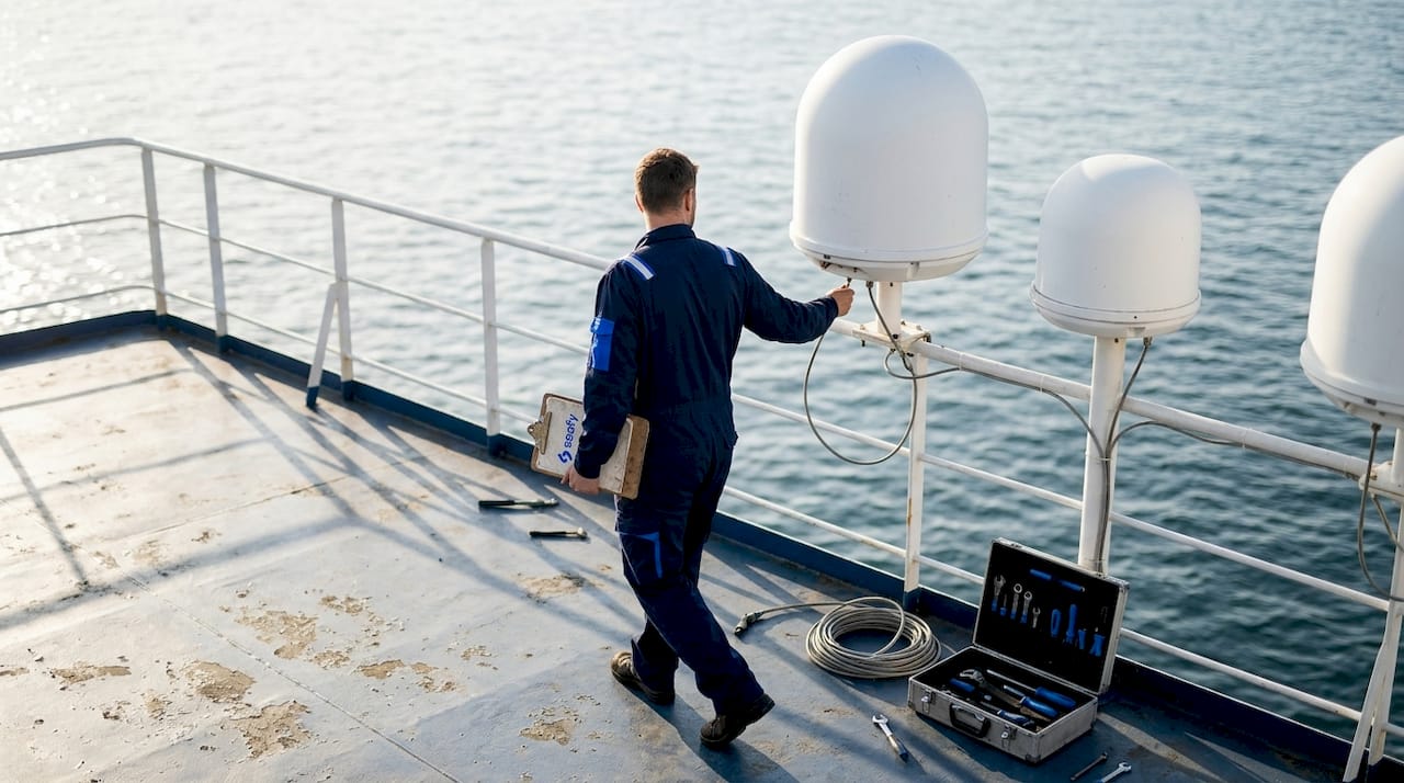 Technician checks ferry satellite domes