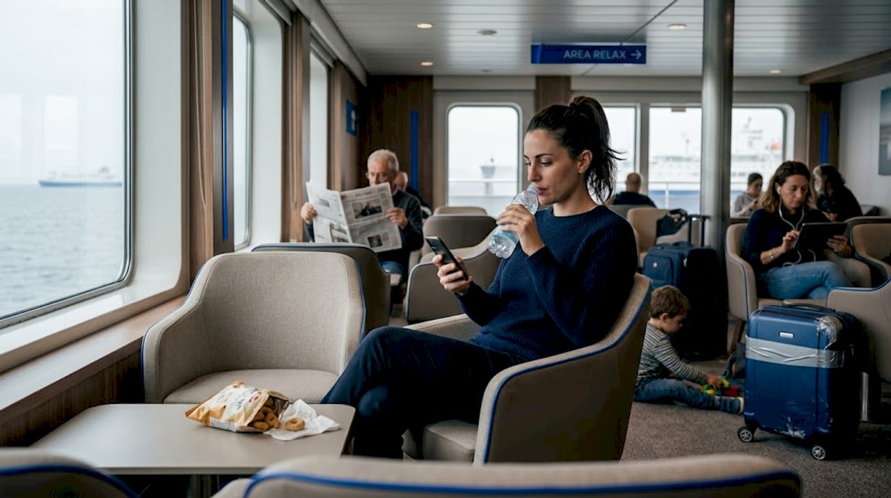 Una passeggera si collega al Wi-Fi della nave rilassandosi in lounge.