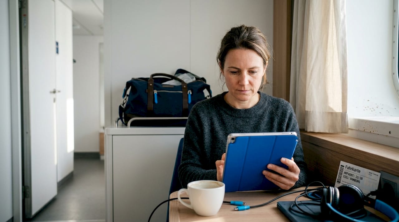 Eine Passagierin liest die aktuellen Bordnachrichten bequem auf ihrem Tablet in der Kabine.