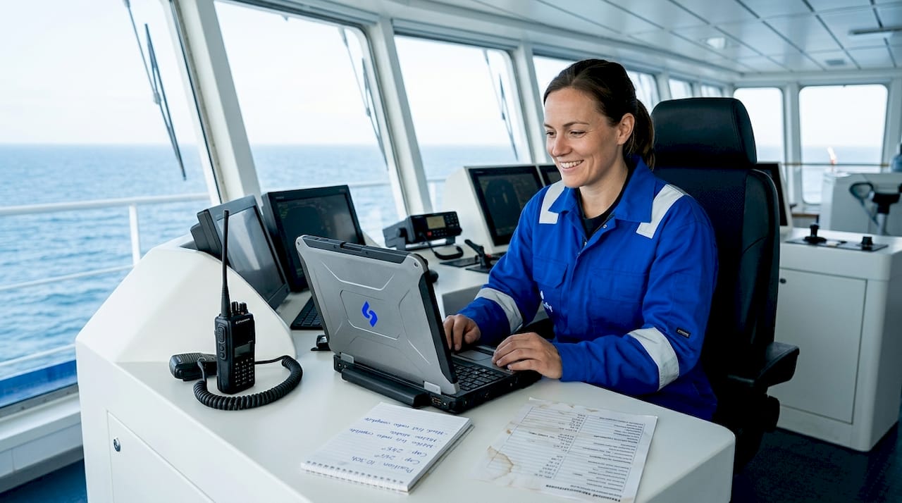 Un officier profite du Wi-Fi depuis la passerelle du ferry.